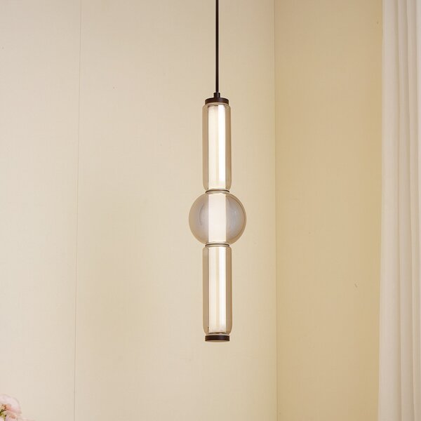 Lucande Lampă suspendată LED Savete, gri fum, sticlă, Ø 12 cm, Gri, Camera de zi / sufragerie, Sticlă, Modern