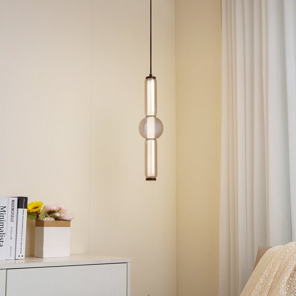 Lucande Lampă suspendată LED Savete, gri fum, sticlă, Ø 12 cm, Gri, Camera de zi / sufragerie, Sticlă, Modern
