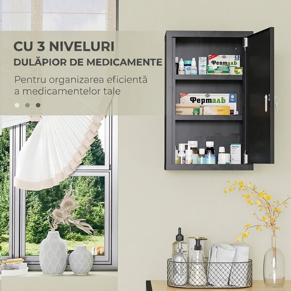 Kleankin Dulapior Medicamente Negru Montare Perete cu 3 Nivele și 2 Chei | Aosom Romania