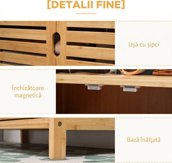 Kleankin Dulap de baie cu 2 rafturi deschise si dulap cu doua usi, din bambus cu usa cu clapeta, natural | Aosom Romania