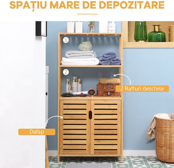 Kleankin Dulap de baie cu 2 rafturi deschise si dulap cu doua usi, din bambus cu usa cu clapeta, natural | Aosom Romania