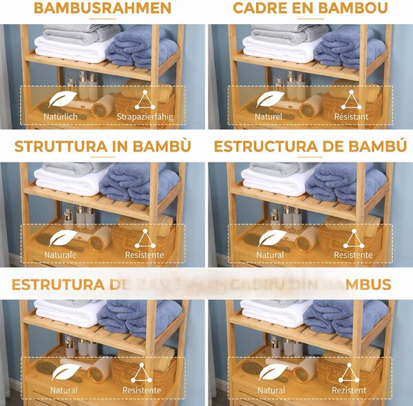 Kleankin Dulap de baie cu 2 rafturi deschise si dulap cu doua usi, din bambus cu usa cu clapeta, natural | Aosom Romania