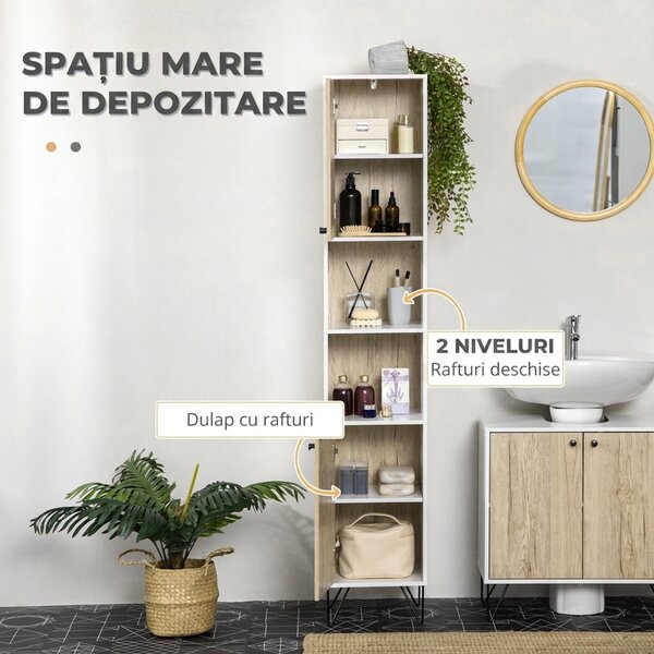 Kleankin Dulap Înalt Baie, 2 Rafturi Deschise, 2 Dulapuri, Design Modern, Natural/Alb | Aosom Romania