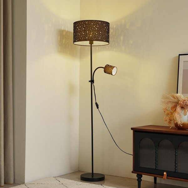 Lindby Melanie lampadar, negru, tesatura, Ø 36 cm, 2 becuri., Negru, Camera de zi / sufragerie, Metal, Modern, Lumină de lectură
