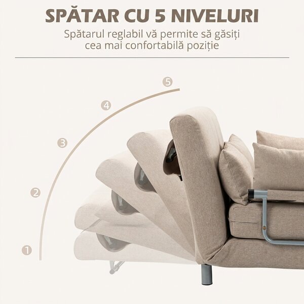 HOMCOM Canapea Extensibilă cu 2 Locuri, Spătar Reglabil și 4 Perne Tapițate, 102x82x81 cm, Bej | Aosom Romania
