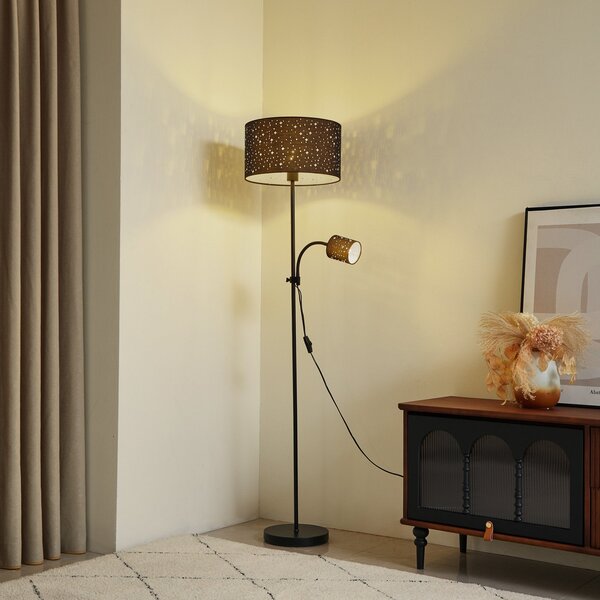 Lindby Melanie lampadar, negru, tesatura, Ø 36 cm, 2 becuri., Negru, Camera de zi / sufragerie, Metal, Modern, Lumină de lectură