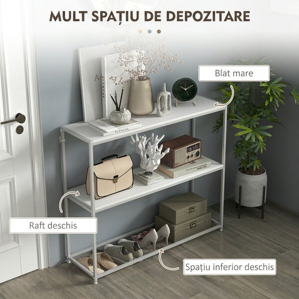 HOMCOM Masă Consolă de Intrare Subțire cu Partea Superioară Deschisă, Dulap Consolă din Oțel și PAL, 100x30x87 cm, Alb | Aosom Romania