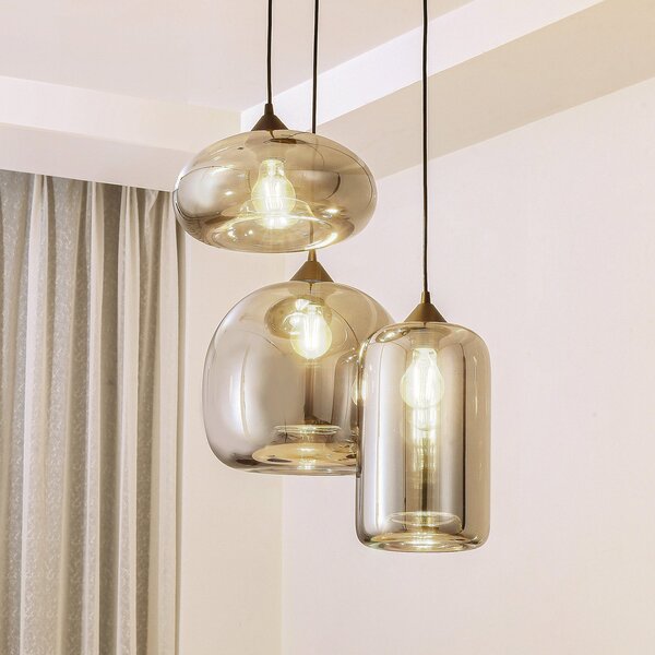 Lindby Lampă suspendată Marla, rondel, sticlă, gri fumuriu, 50 cm, reglabil, Negru, Camera de zi / sufragerie, Sticlă, Modern