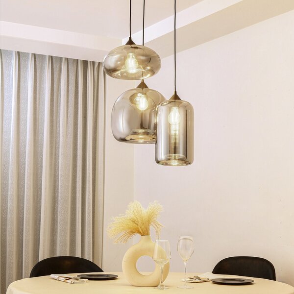 Lindby Lampă suspendată Marla, rondel, sticlă, gri fumuriu, 50 cm, reglabil, Negru, Camera de zi / sufragerie, Sticlă, Modern