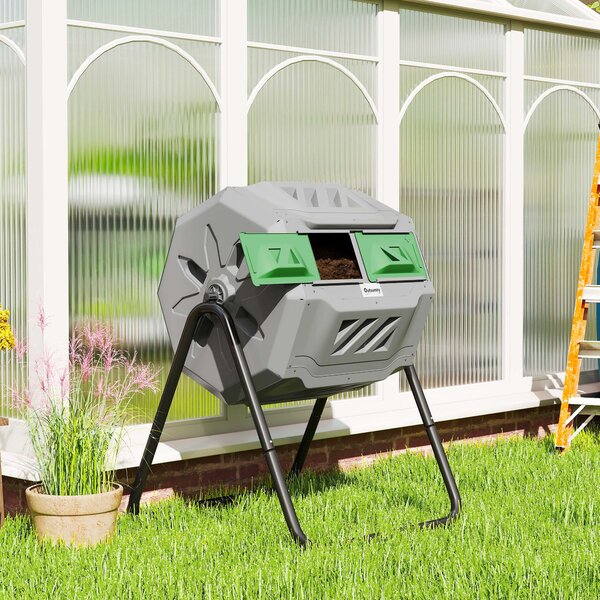 Outsunny Compostor Rotativ cu 2 Secțiuni și 8 Prize de Aerisire din Oțel și PP, 160L, 71x65x96 cm, Gri | Aosom Romania