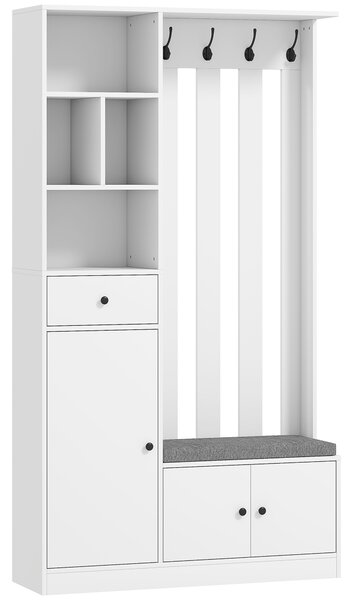 HOMCOM Cuier 180 cm cu Bancă pentru Pantofi, Soluție 4-în-1 cu Raft Reglabil, 4 Agățători și Compartimente Deschise, pentru Hol sau Living, Alb | Aosom Romania