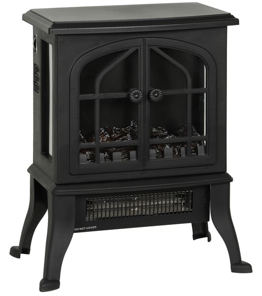 HOMCOM Șemineu Electric de Podea, Flacără 3D, Termostat 10-35°C, Plastic, Sticlă, 39x24x48 cm, Negru | Aosom Romania