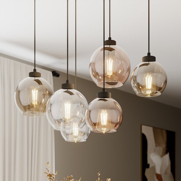 TK Lighting Lampă suspendată Cubus, 74 cm, 6 becuri, transparent/miel/maro, sticlă, reglabil, Multicolor, Camera de zi / sufragerie, Sticlă, Modern