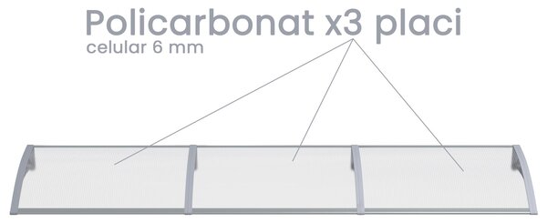Copertină PREMIUM 240x100 cm, placă 6 mm dintr-o bucată – Gri/Transparent