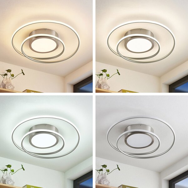 Lindby Bovia plafonieră LED, CCT, dimabilă, nichel, reglabil, Metalic, Camera de zi / sufragerie, Aluminiu, Modern