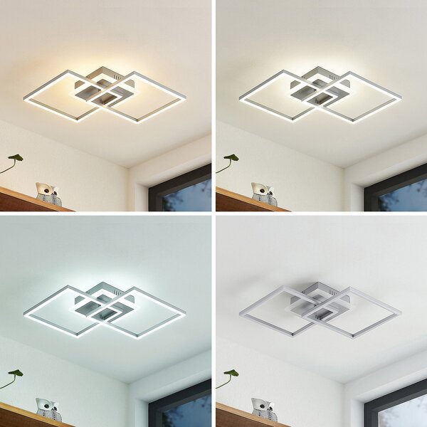 Lindby plafonieră LED Fjardo, unghiulară, argintie, CCT, telecomandă, reglabil, Metalic, Camera de zi / sufragerie, Metal, Modern