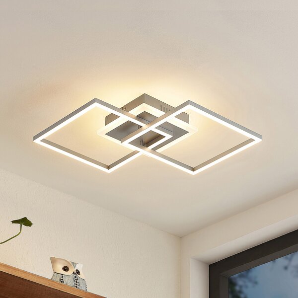 Lindby plafonieră LED Fjardo, unghiulară, argintie, CCT, telecomandă, reglabil, Metalic, Camera de zi / sufragerie, Metal, Modern
