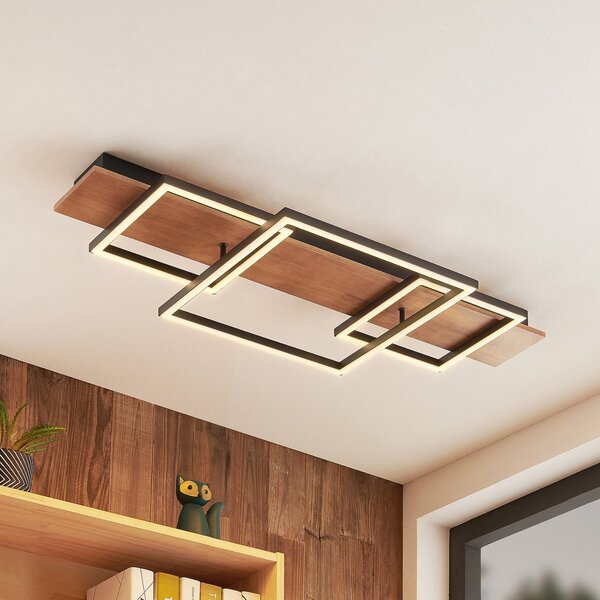 Lucande plafonieră LED Chariska, 95cm, negru, lemn, CCT, reglabil, Lemn, Camera de zi / sufragerie, Lemn, Modern