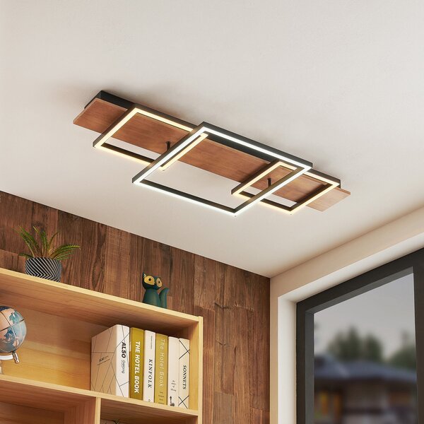 Lucande plafonieră LED Chariska, 95cm, negru, lemn, CCT, reglabil, Lemn, Camera de zi / sufragerie, Lemn, Modern