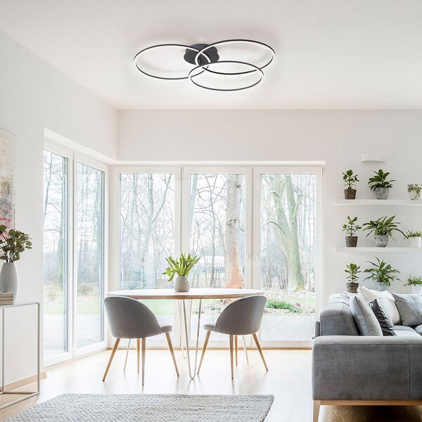 JUST LIGHT. GmbH Plafonieră LED Ivanka, trei inele, negru, reglabil, Negru, dormitor, Metal, Modern