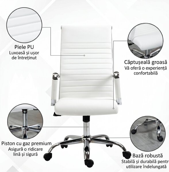 Vinsetto Scaun de birou ergonomic din piele ecologică, cu rotire și balans, 54x62x104-114 cm, alb | Aosom Romania