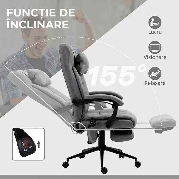 Vinsetto Scaun Birou cu Masaj și cu Încălzire, Fotoliu Birou cu Spătar Înclinabil 155°, Suport Picioare, 66x76x112-120cm,Gri | Aosom Romania