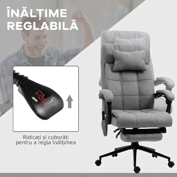 Vinsetto Scaun Birou cu Masaj și cu Încălzire, Fotoliu Birou cu Spătar Înclinabil 155°, Suport Picioare, 66x76x112-120cm,Gri | Aosom Romania