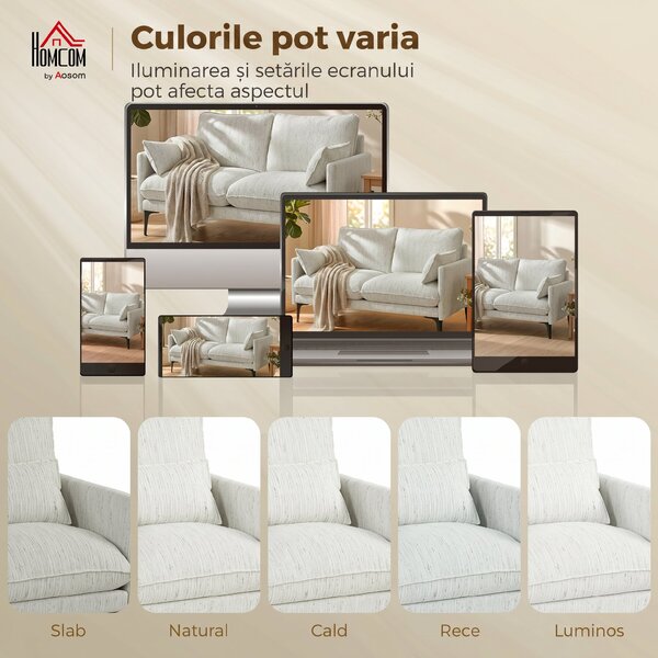 HOMCOM Canapea 2 Locuri cu Brațe, Perne Groase și 2 Perne, 131x78x83 cm, Alb | Aosom Romania