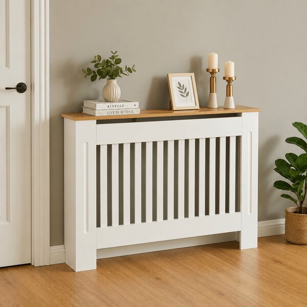 Mască calorifer ECO L 132 cm, MDF cu lamele verticale – Alb lucios / Stejar