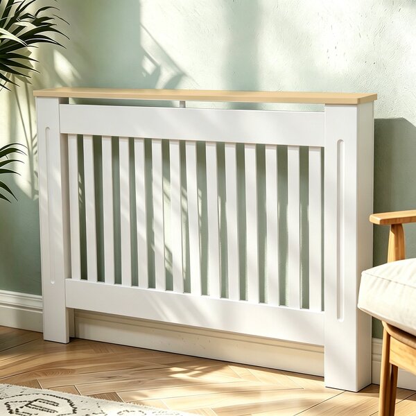 Mască calorifer ECO L 132 cm, MDF cu lamele verticale – Alb lucios / Stejar