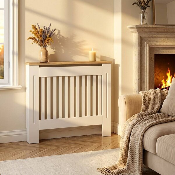 Mască calorifer ECO L 132 cm, MDF cu lamele verticale – Alb lucios / Stejar