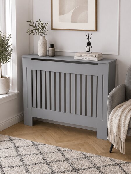 Mască calorifer ECO L 132 cm, MDF cu lamele verticale – Gri lucios