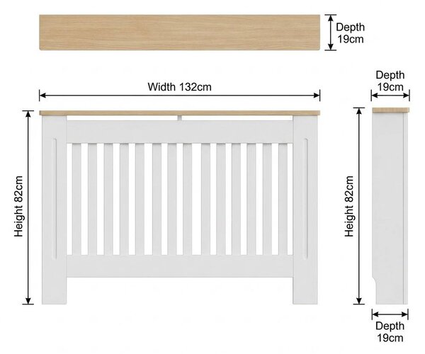Mască calorifer ECO L 132 cm, MDF cu lamele verticale – Alb lucios / Stejar