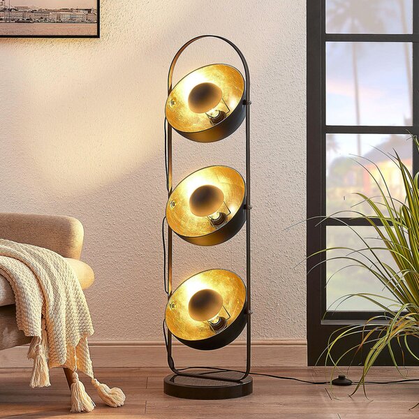 Lindby lampadar Muriel, 3 becuri, negru / auriu, metal, Negru, Camera de zi / sufragerie, Metal, Modern