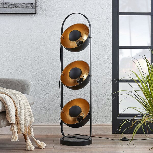 Lindby lampadar Muriel, 3 becuri, negru / auriu, metal, Negru, Camera de zi / sufragerie, Metal, Modern