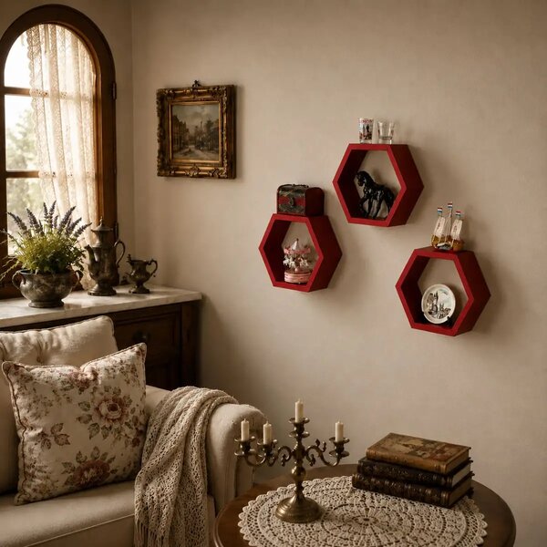 Set 9 rafturi perete Hexa Culoare roşu ,Homs,Seia A620,lemn natur