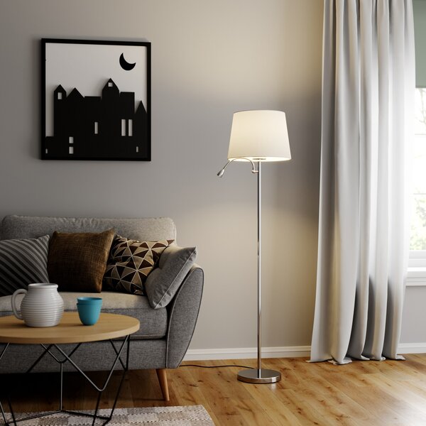 Lindby lampadar Benjiro, alb, textil, lumină de lectură, 150 cm, Alb, Camera de zi / sufragerie, Țesătură / Textil, Modern, Lumină de lectură