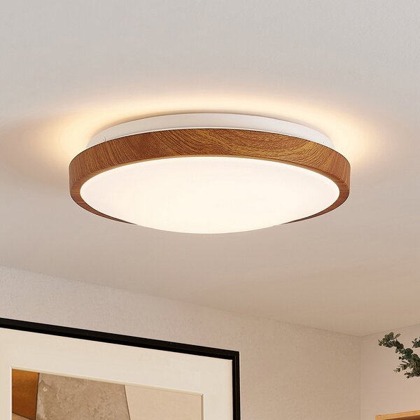 Lindby plafonieră LED Mynte, Ø30cm, aspect lemn, plastic, Lemn, Camera de zi / sufragerie, Plastic, Modern