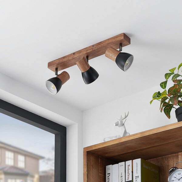 Lindby Spot de plafon Tonja, 3 becuri, 55 cm, lemn, oțel, reglabil, Lemn, Camera de zi / sufragerie, Metal, Modern