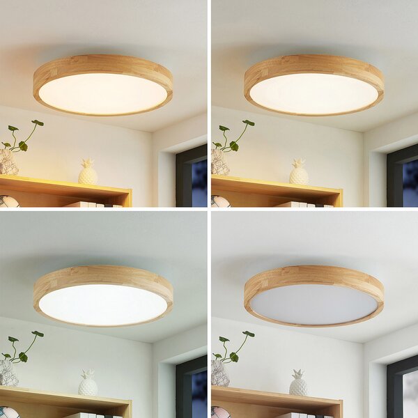 Lindby Plafonieră LED Lanira, Ø 50 cm, lemn, telecomandă, CCT, reglabil, Lemn, Camera de zi / sufragerie, Lemn, Modern