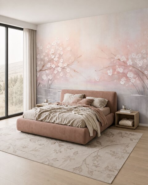 Tapet Ramuri înflorite deasupra apei liniștite, în nuanțe delicate de roz, Fototapet Flori, w05858 : Uwalls.ro