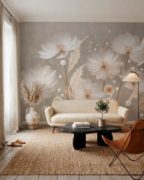 Tapet Flori mari, albe, cu frunze decorative pe un fundal gri, Fototapet Flori, w05857 : Uwalls.ro