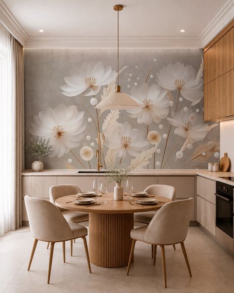 Tapet Flori mari, albe, cu frunze decorative pe un fundal gri, Fototapet Flori, w05857 : Uwalls.ro