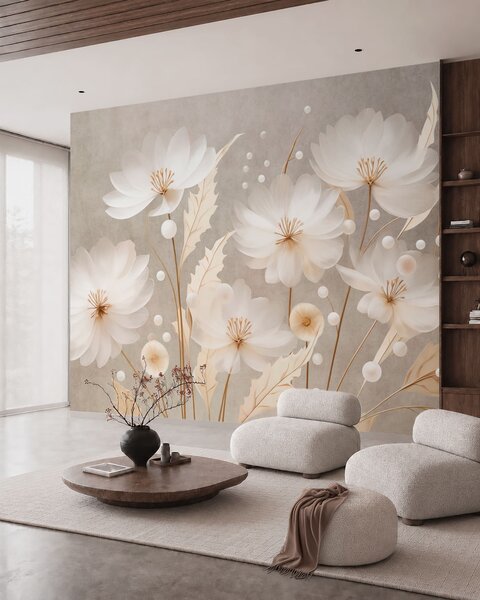 Tapet Flori mari, albe, cu frunze decorative pe un fundal gri, Fototapet Flori, w05857 : Uwalls.ro