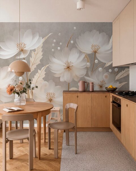 Tapet Flori mari, albe, cu frunze decorative pe un fundal gri, Fototapet Flori, w05857 : Uwalls.ro