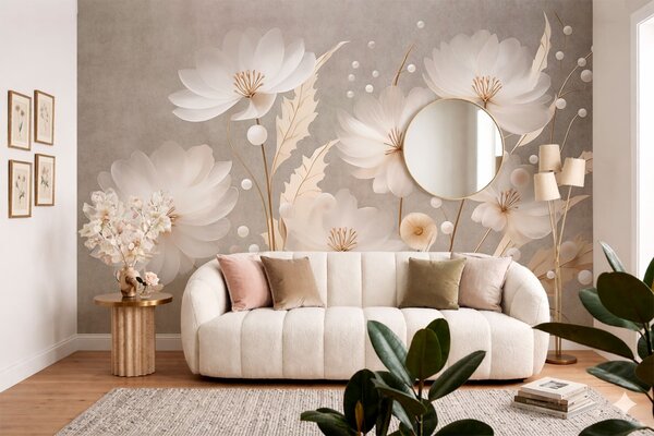 Tapet Flori mari, albe, cu frunze decorative pe un fundal gri, Fototapet Flori, w05857 : Uwalls.ro