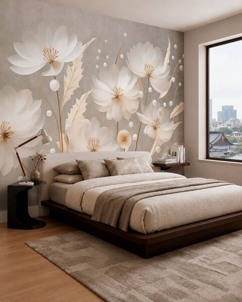 Tapet Flori mari, albe, cu frunze decorative pe un fundal gri, Fototapet Flori, w05857 : Uwalls.ro