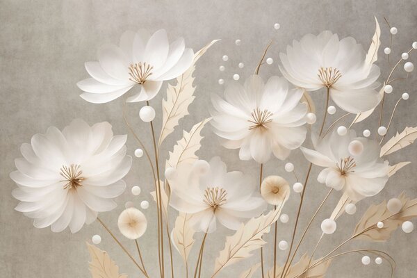 Tapet Flori mari, albe, cu frunze decorative pe un fundal gri, Fototapet Flori, w05857 : Uwalls.ro