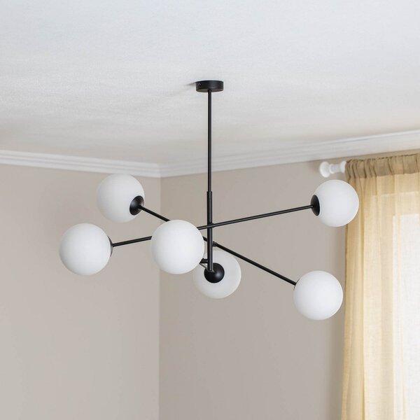 EMIBIG LIGHTING Plafonieră Linear, negru/opal, 6 becuri, reglabil, Negru, Camera de zi / sufragerie, Metal, Modern, glob