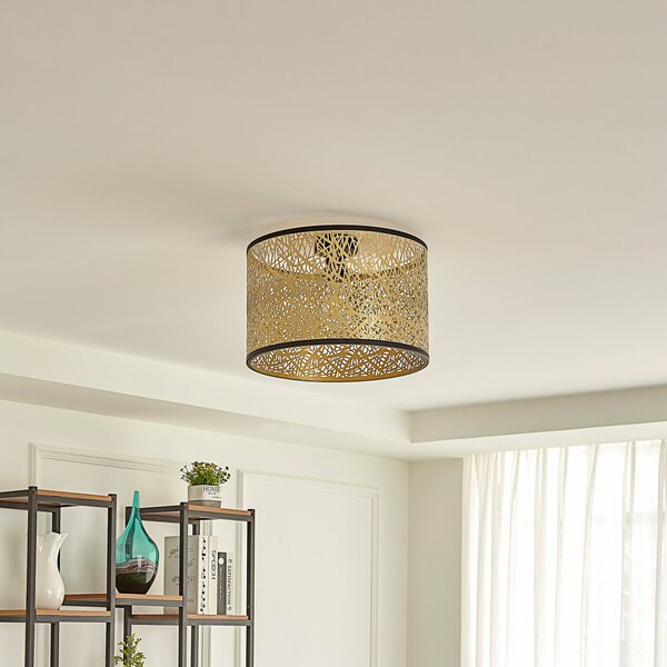 Lindby Plafonieră Yonah, auriu, metal, Ø 40 cm, E27, reglabil, Auriu / Alamă, Camera de zi / sufragerie, Țesătură / Textil, Casă de țară / Rustic